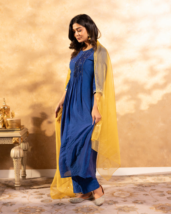 Navy Blue Chanderi Suit Set