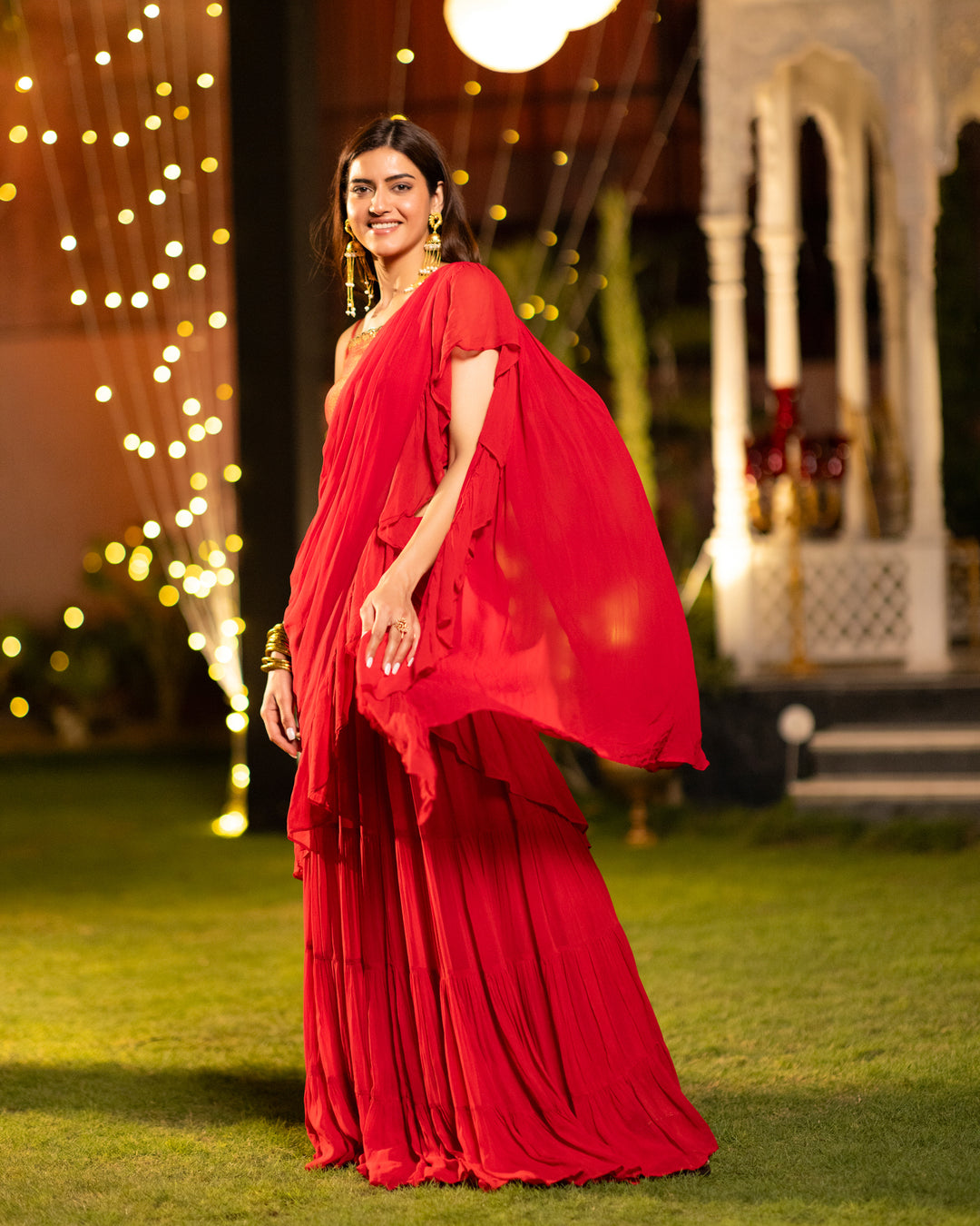 Scarlet Red Ruffle Saree