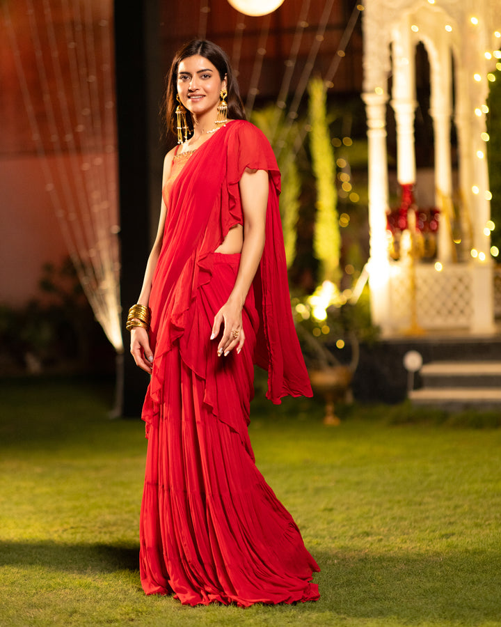 Scarlet Red Ruffle Saree