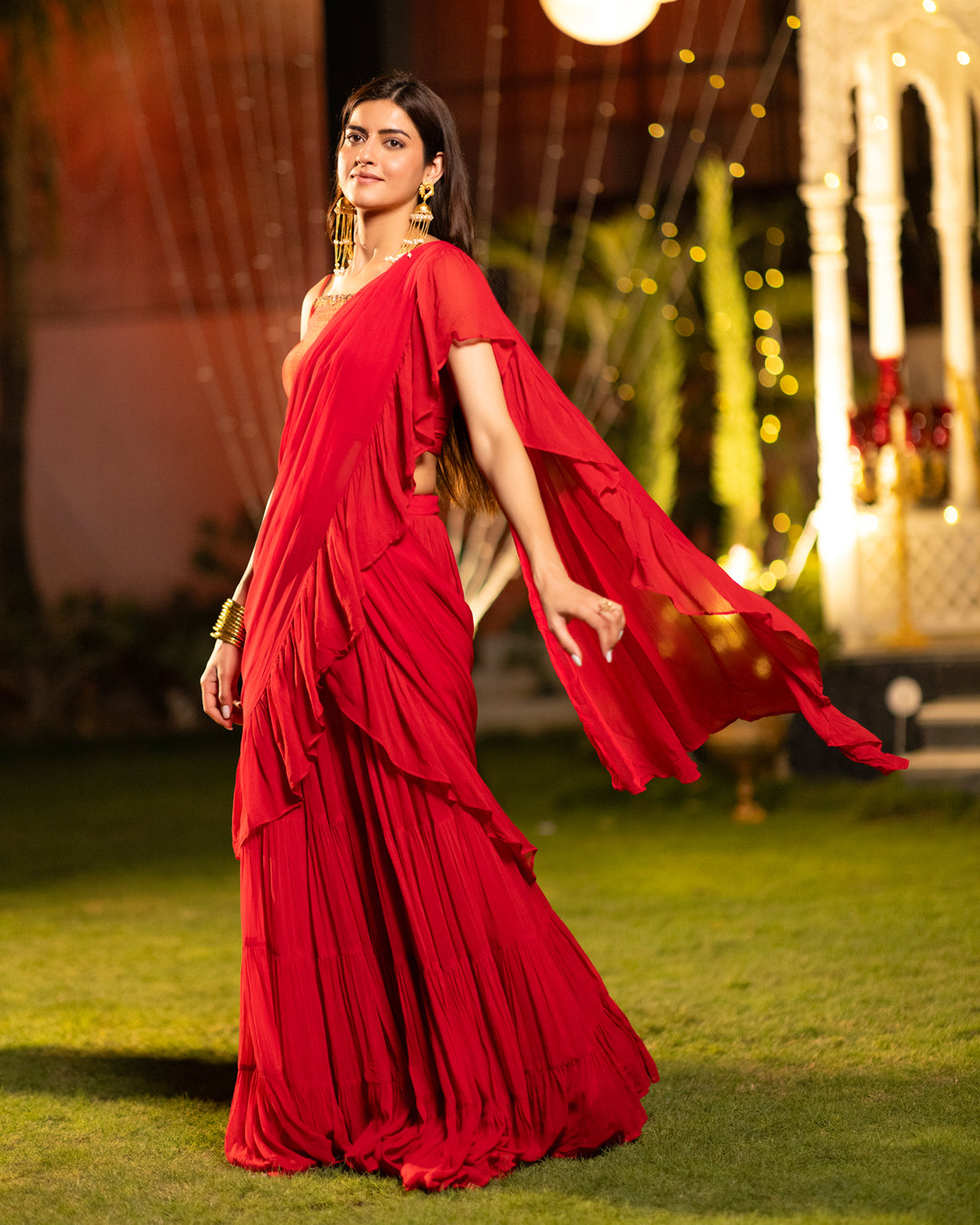 Scarlet Red Ruffle Saree