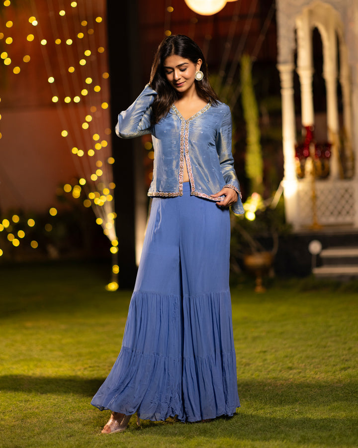 Royal Blue Embroidered Sharara Set