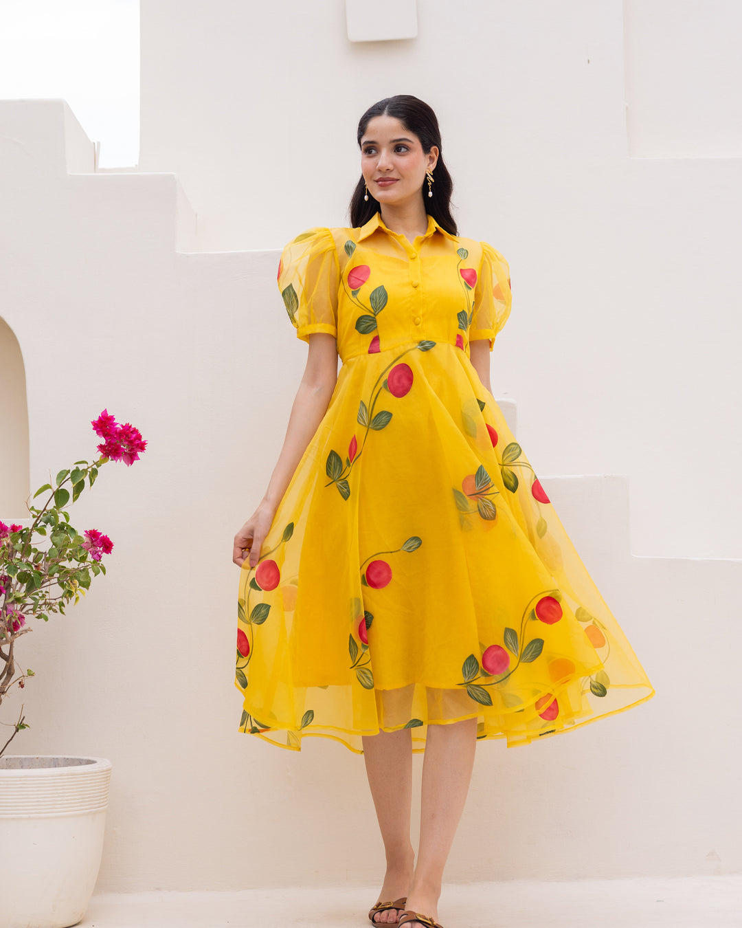 Mustard Organza Floral Dress