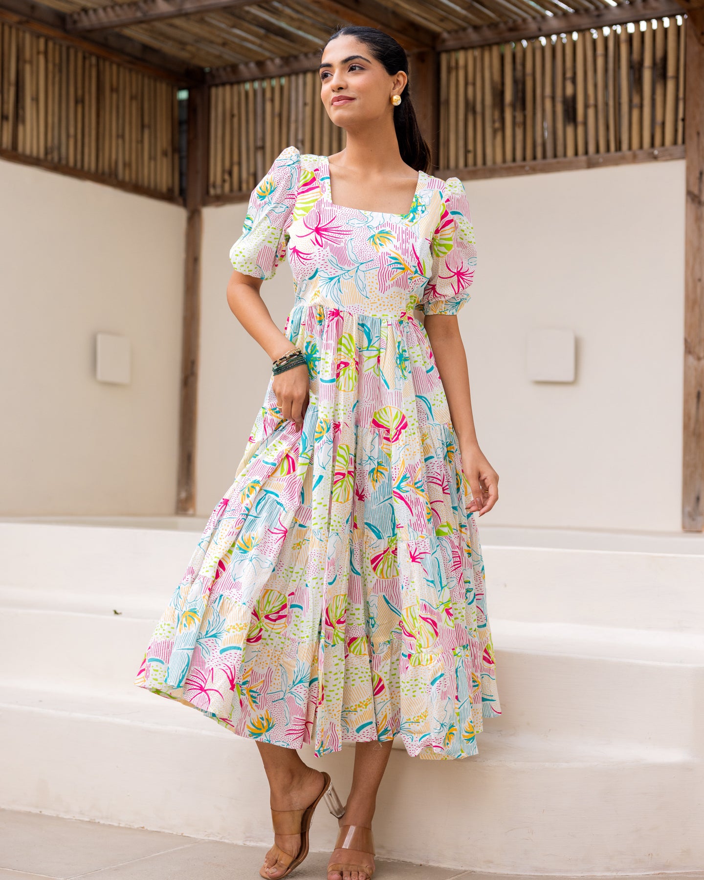 Multi Floral White Tiered Dress