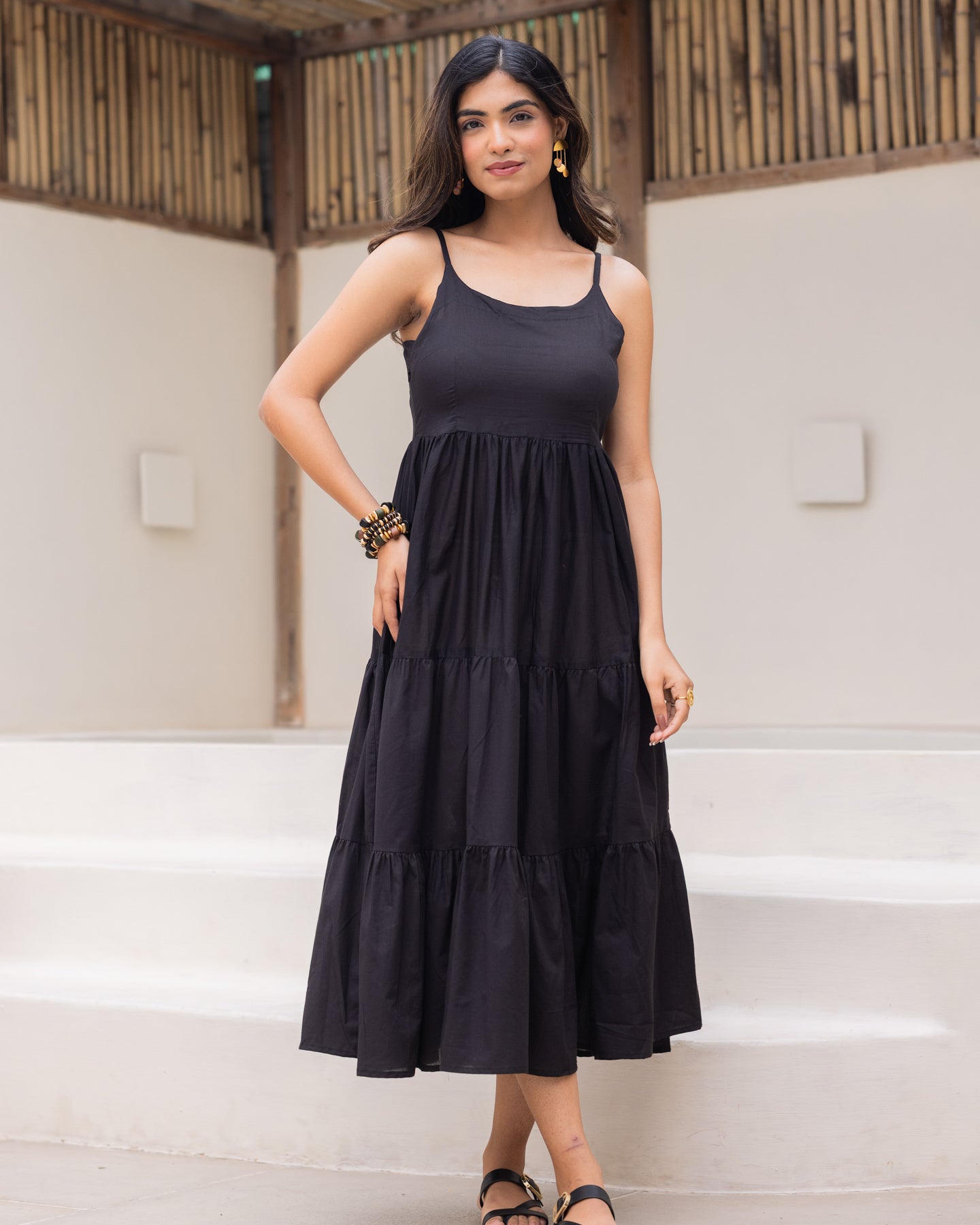 Black solid tiered maxi dress