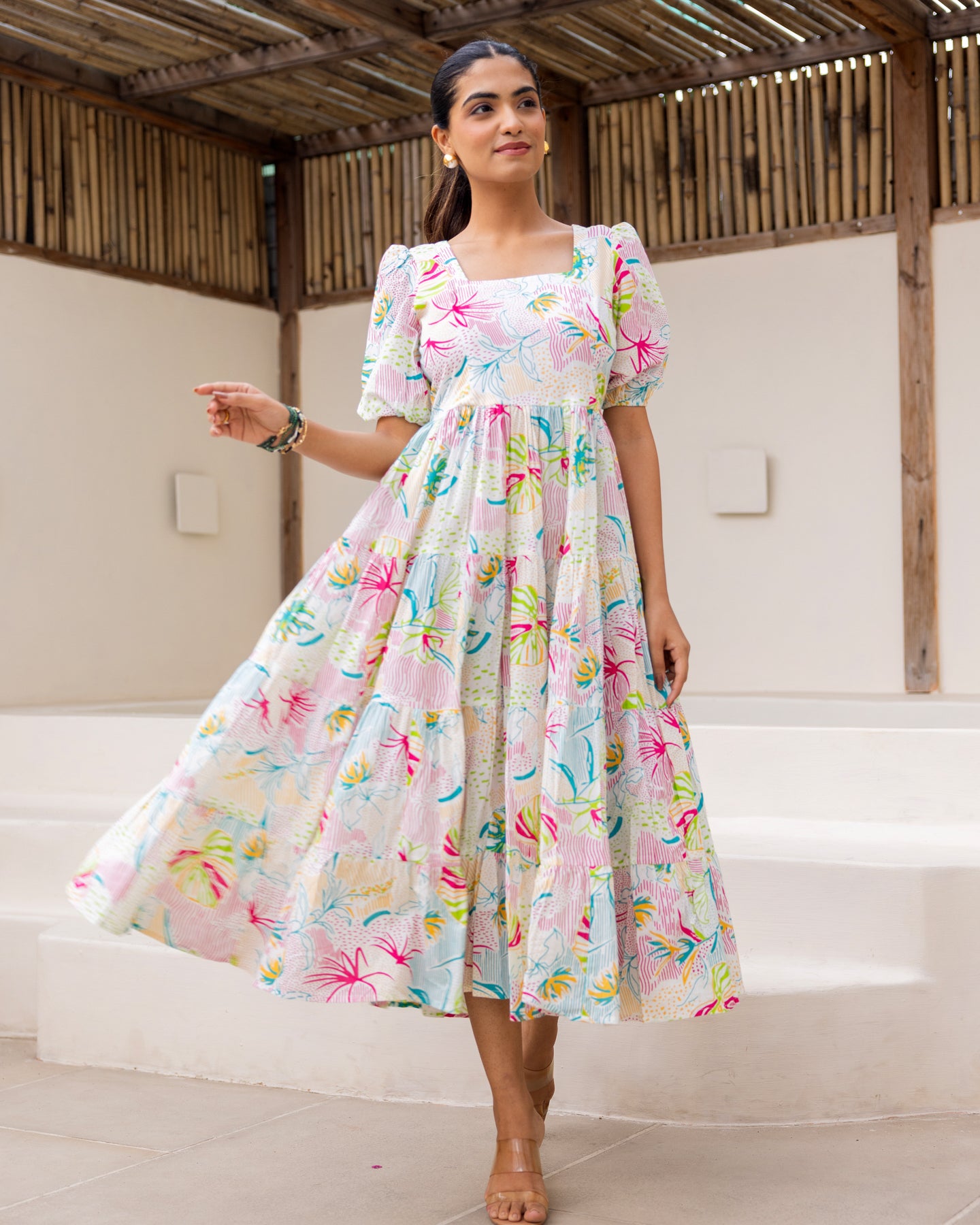 Multi Floral White Tiered Dress