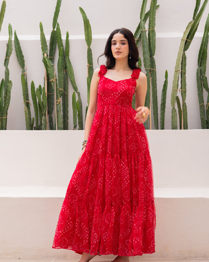 Red chiffon Bandhani Dress