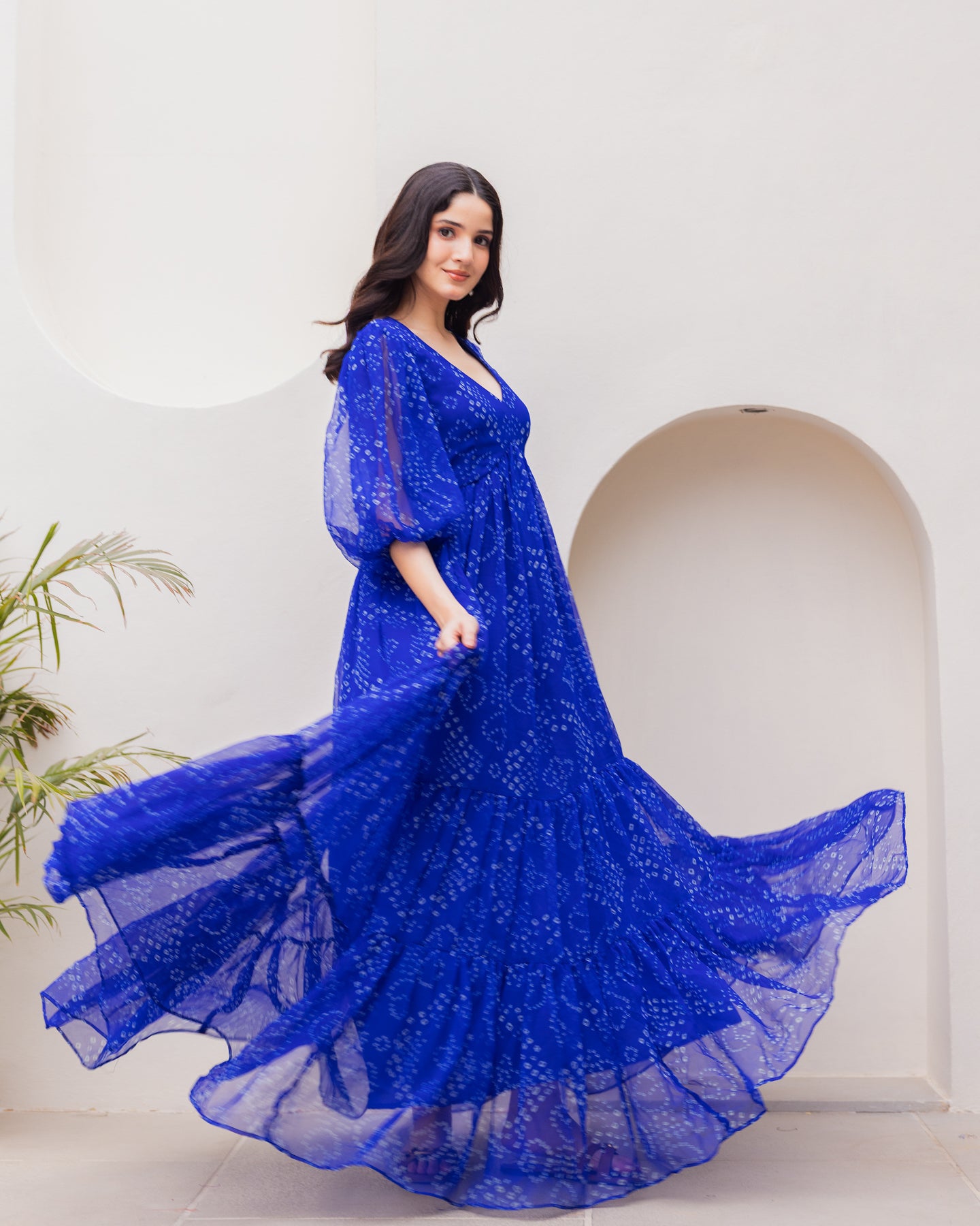 Ambraee Royal Blue Bandhani Chiffon Maxi Dress for Women | V-Neck Bell Sleeve Flowy Dress
