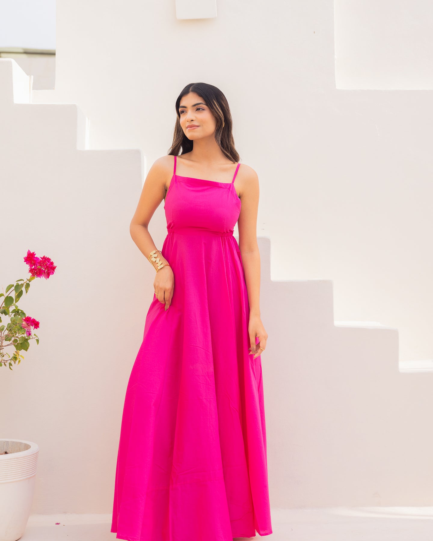 Solid Pink Cotton Maxi Dress