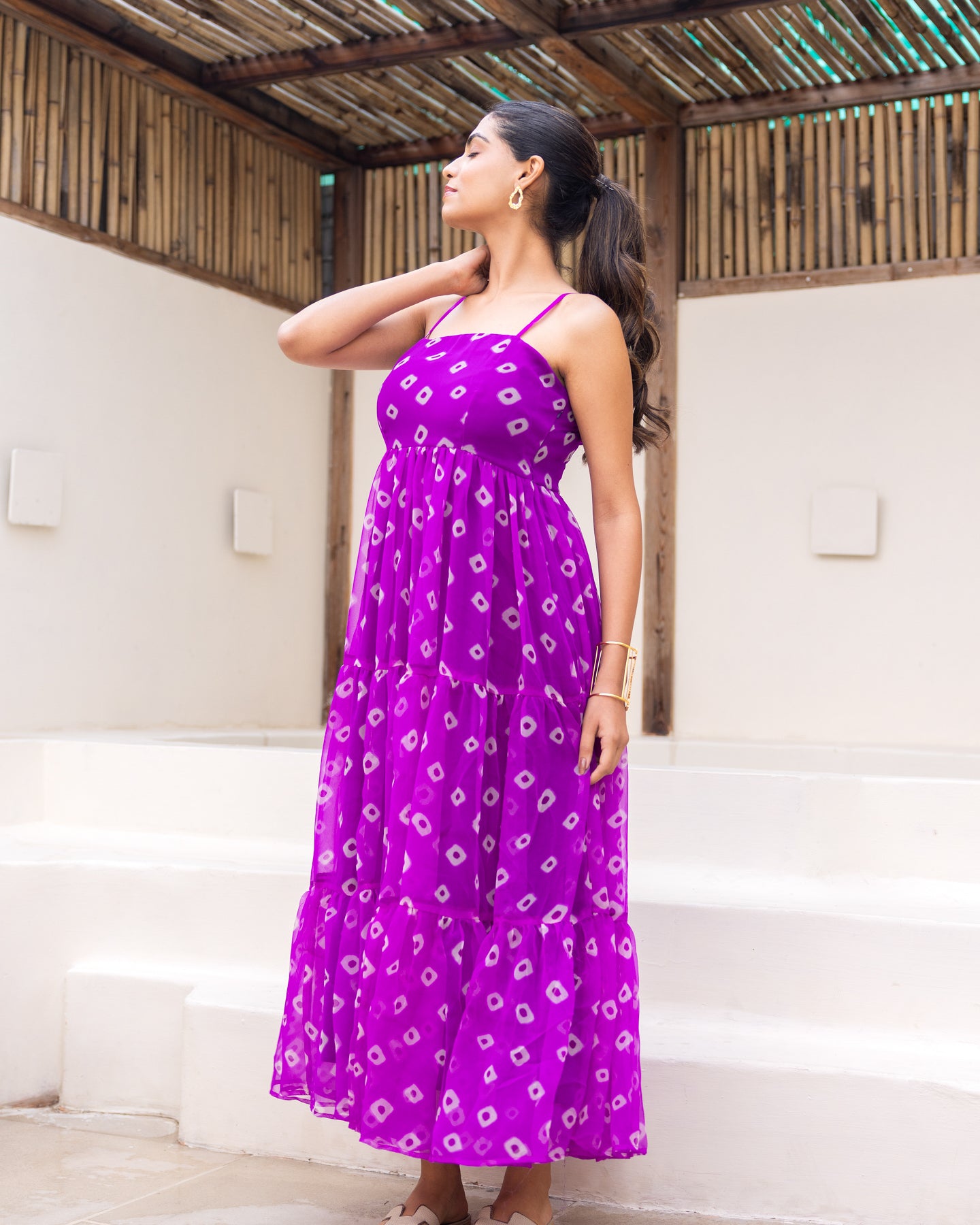 purple bandhani dress Solid Sequin Embroidered Maxi Layered Dress with Bandhani Printed Cape FASHOR