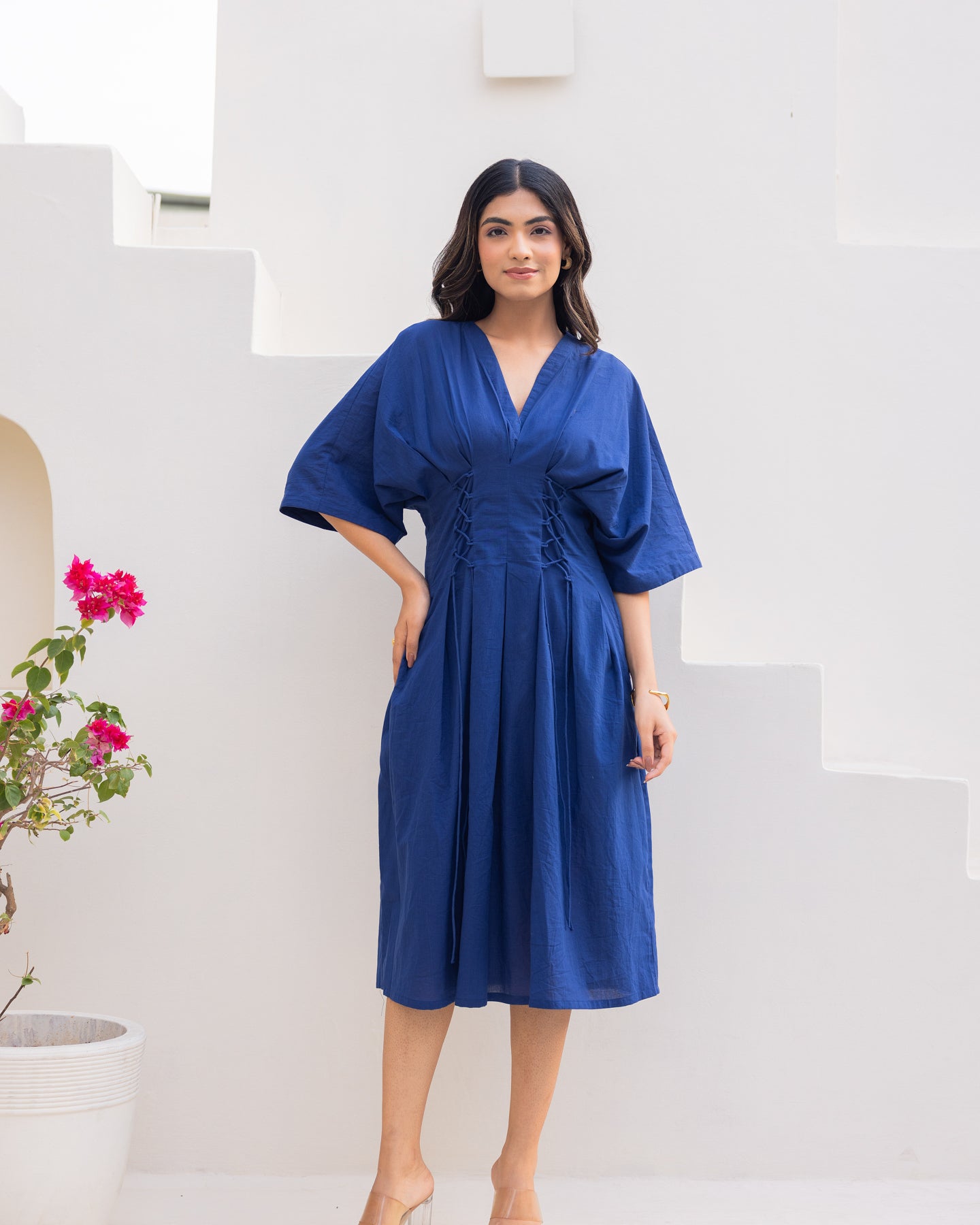 Ambraee Navy Blue Kimono Sleeve Cotton Midi Dress for Women | Waist Tie Casual Dress | Solid Blue Everyday Dress Ambraee Navy Blue Kimono Sleeve Cotton Midi Dress for Women | Waist Tie Casual Dress | Solid Blue Everyday Dress