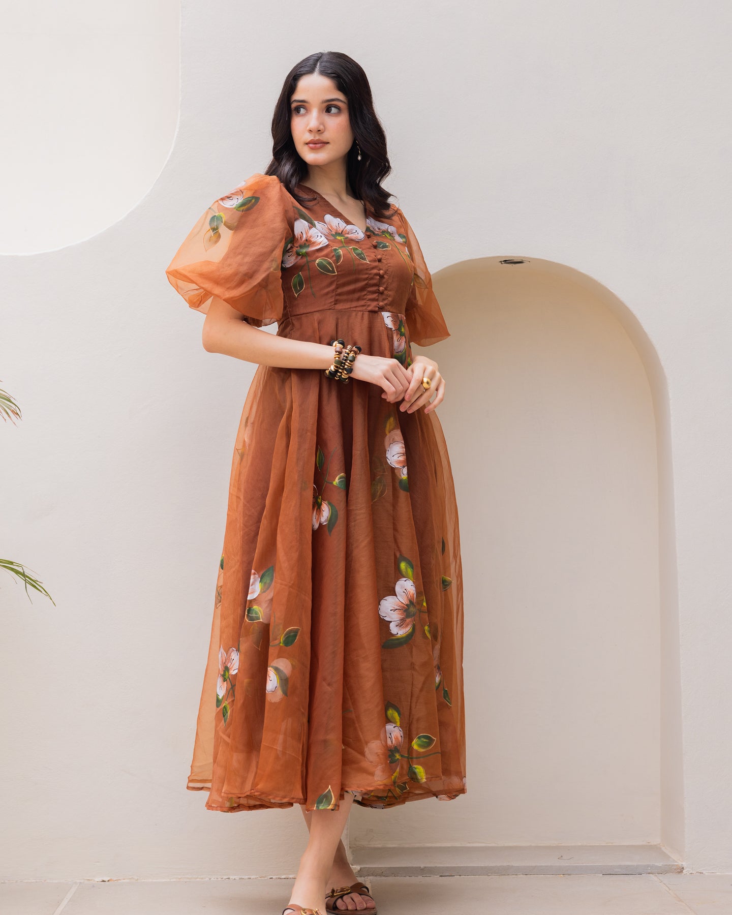 Ambraee Brown Organza Floral Midi Dress for Women | Puff Sleeve Structured Bodice Flared Dress