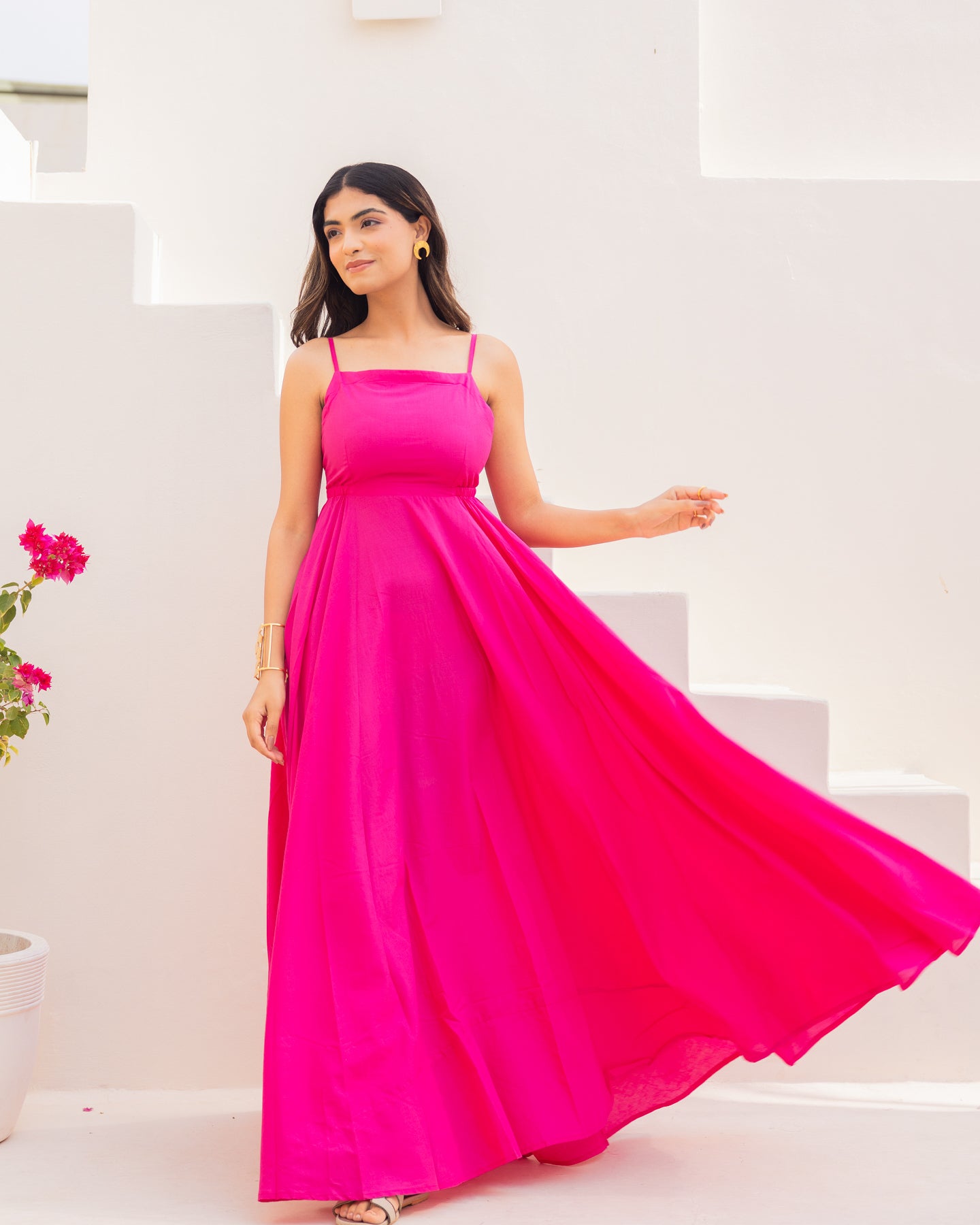 Solid Pink Cotton Maxi Dress