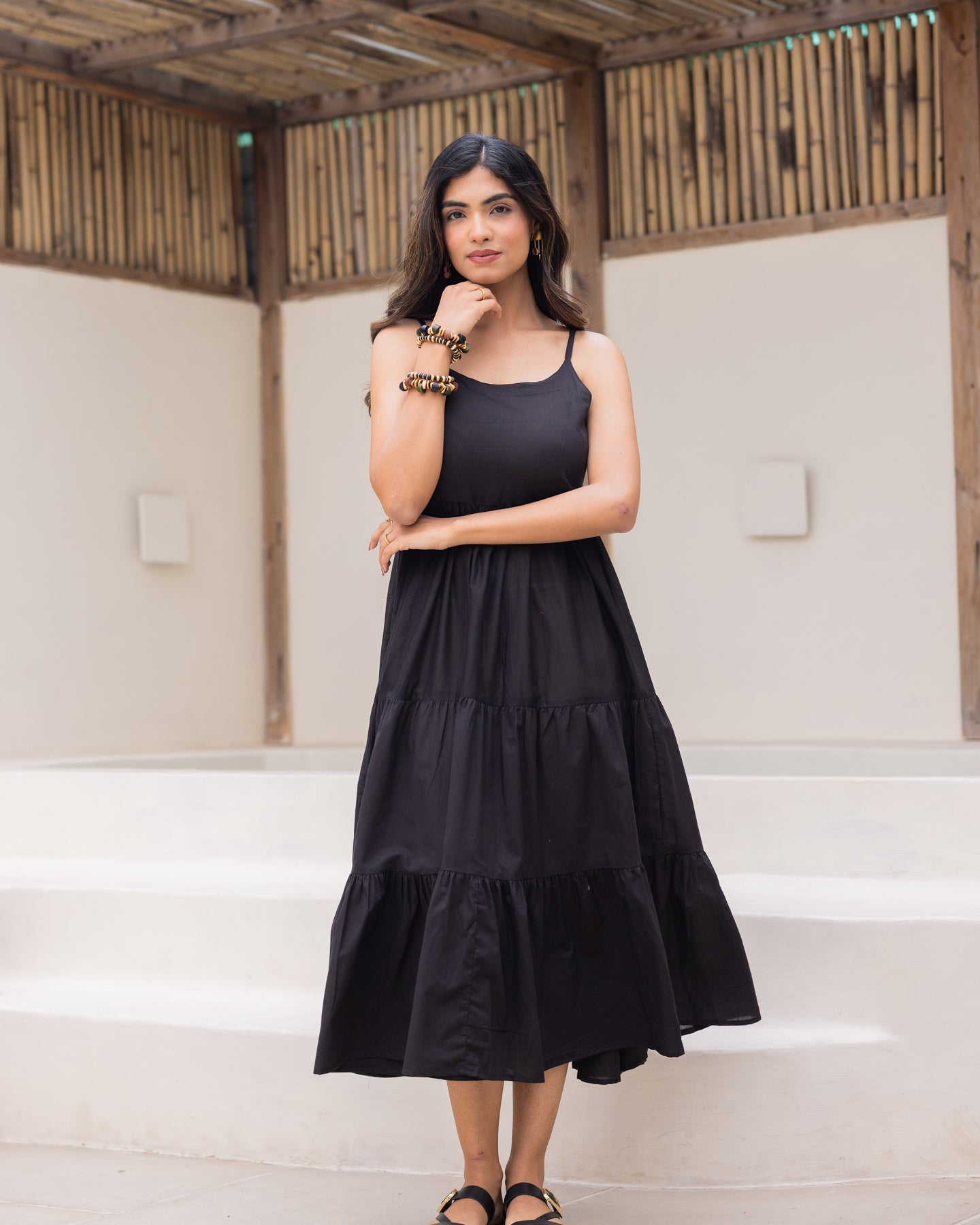 Black solid tiered maxi dress
