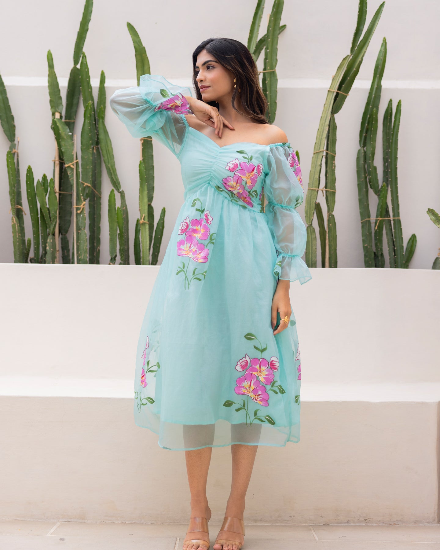 Sky Blue Organza Floral Dress