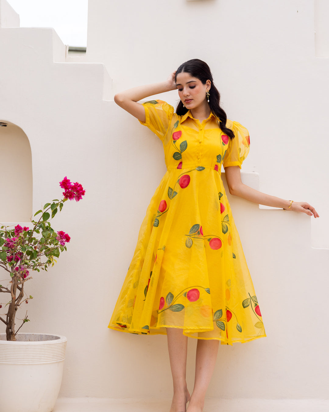 Mustard Organza Floral Dress