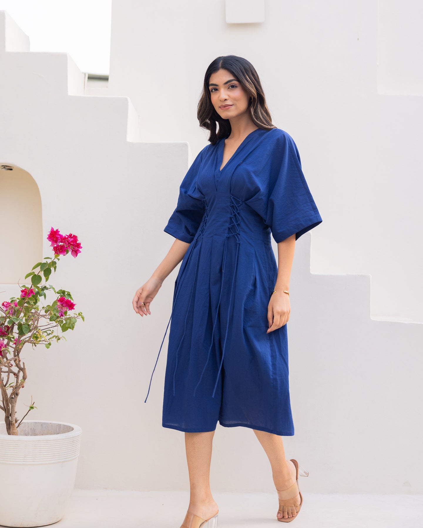 Ambraee Navy Blue Kimono Sleeve Cotton Midi Dress for Women | Waist Tie Casual Dress | Solid Blue Everyday Dress Ambraee Navy Blue Kimono Sleeve Cotton Midi Dress for Women | Waist Tie Casual Dress | Solid Blue Everyday Dress