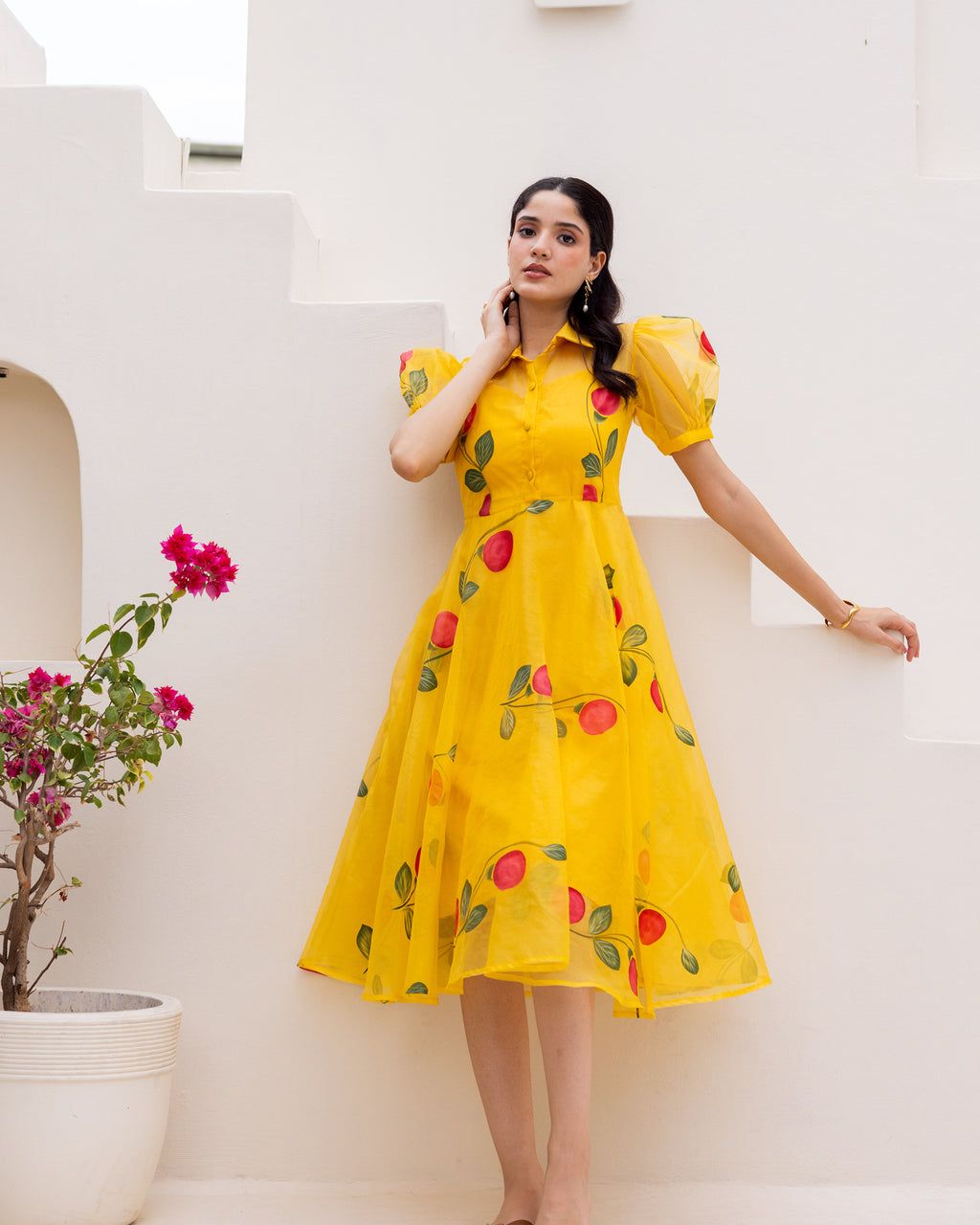 Mustard Organza Floral Dress