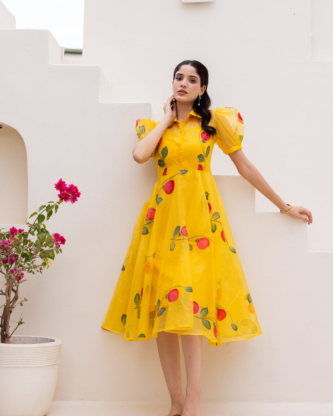 Mustard Organza Floral Dress