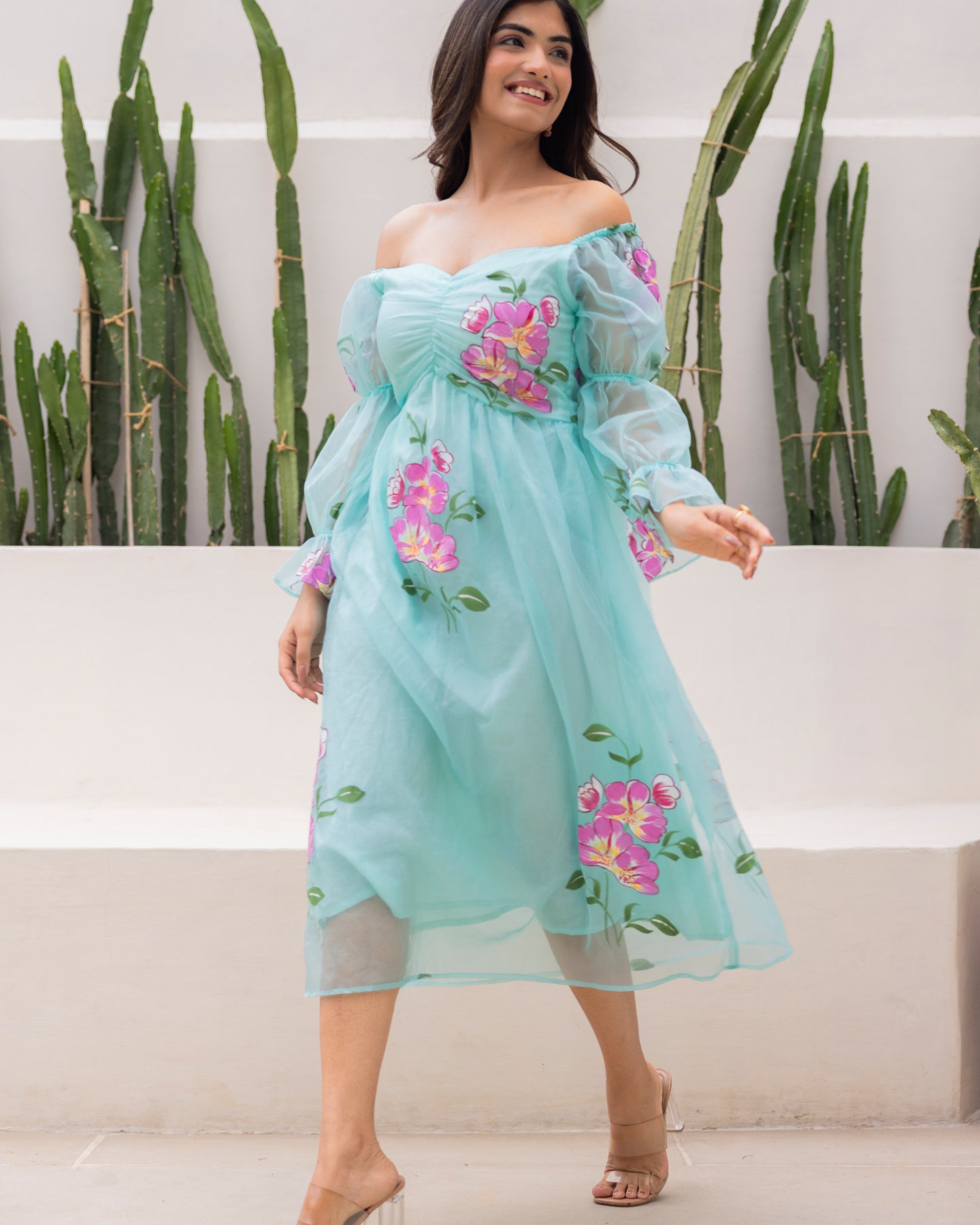 Sky Blue Organza Floral Dress