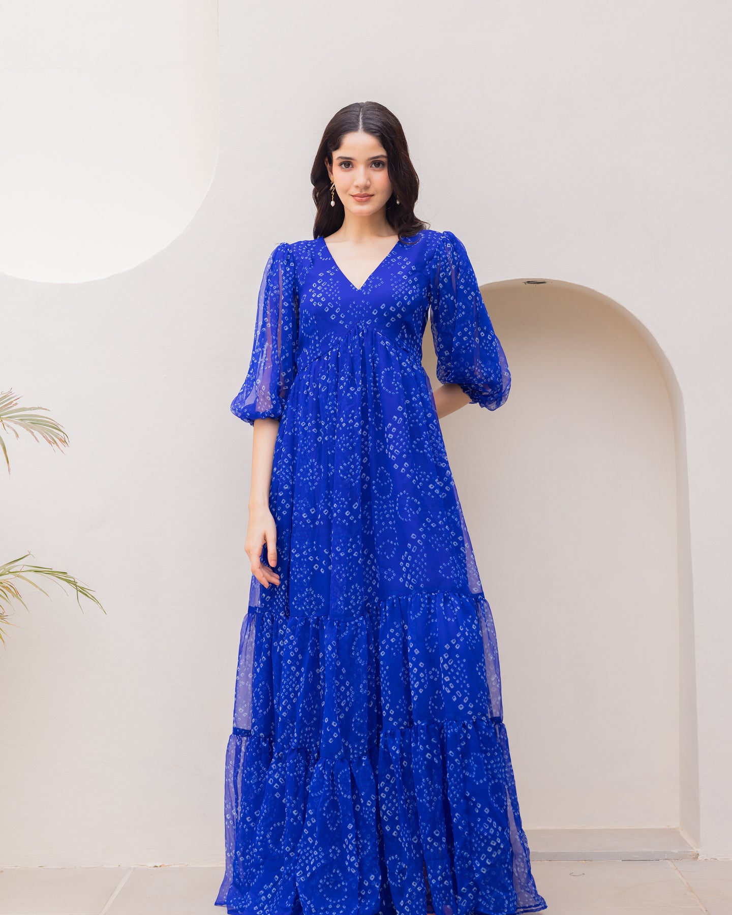 Ambraee Royal Blue Bandhani Chiffon Maxi Dress for Women | V-Neck Bell Sleeve Flowy Dress | Festive Casual Long Dress Ambraee Royal Blue Bandhani Chiffon Maxi Dress for Women | V-Neck Bell Sleeve Flowy Dress | Festive Casual Long Dress