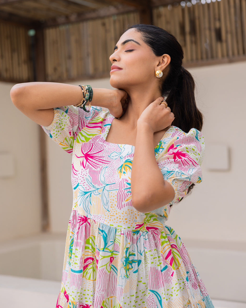 Multi Floral White Tiered Dress