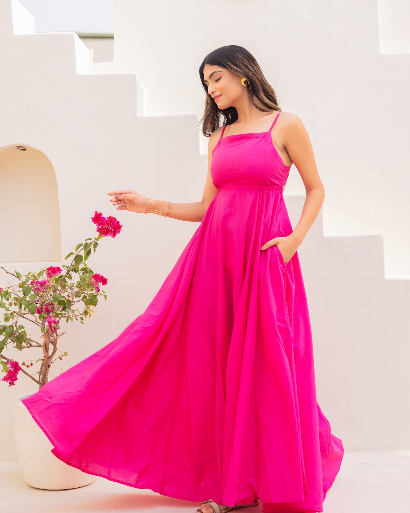 Solid Pink Cotton Maxi Dress