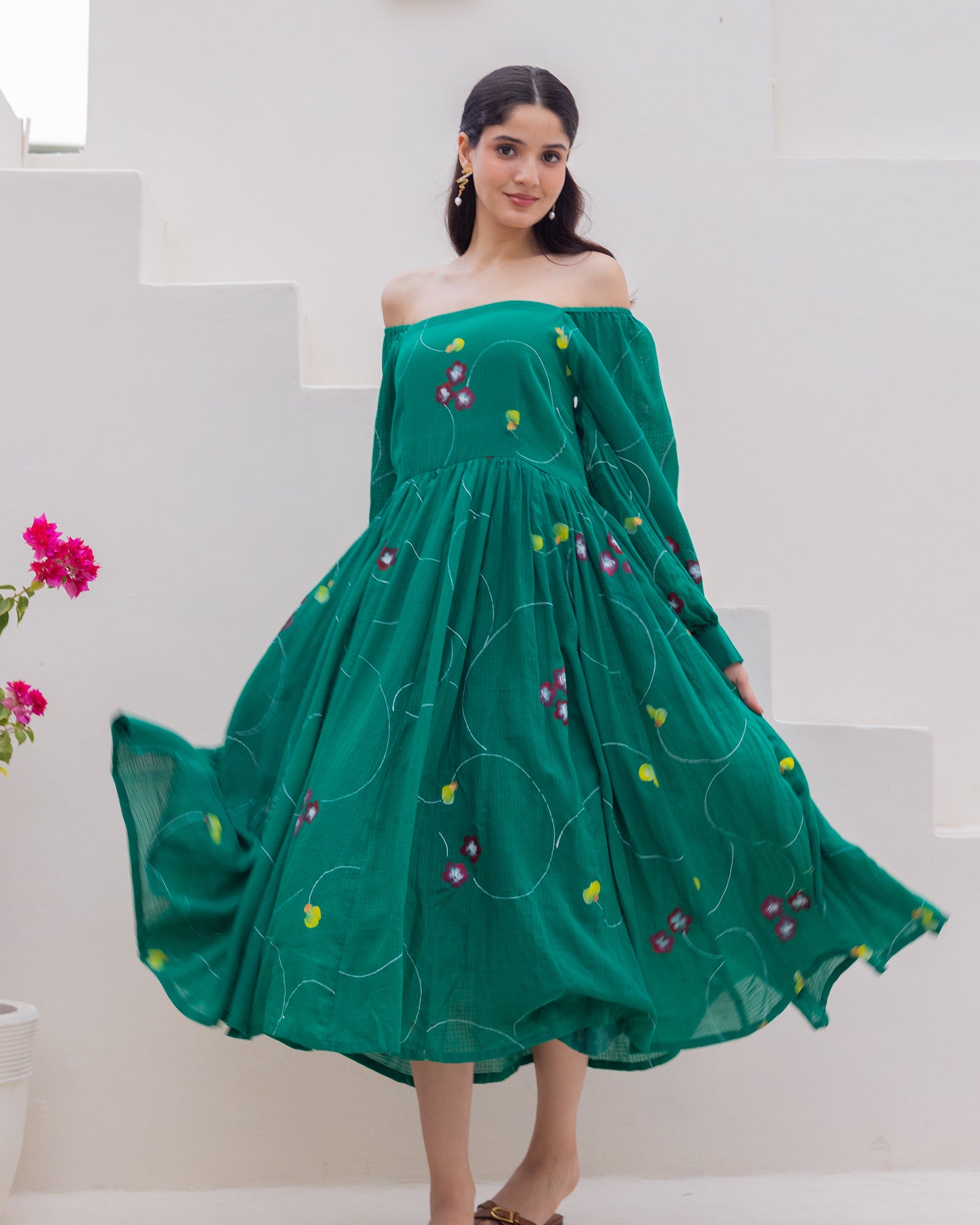 Buy Deep Green Floral Cotton Dress for Women Online in India