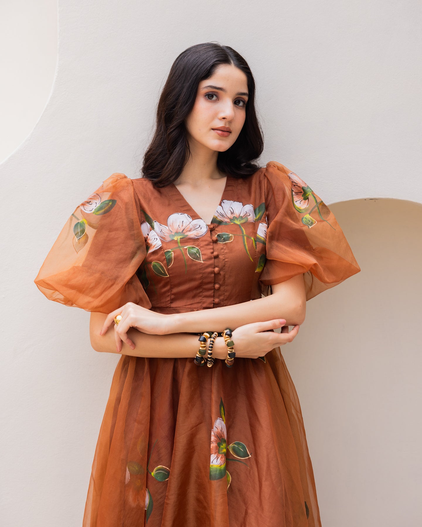 Ambraee Brown Organza Floral Midi Dress for Women | Puff Sleeve Structured Bodice Flared Dress | Festive Mehendi Dress Ambraee Brown Organza Floral Midi Dress for Women | Puff Sleeve Structured Bodice Flared Dress | Festive Mehendi Dress