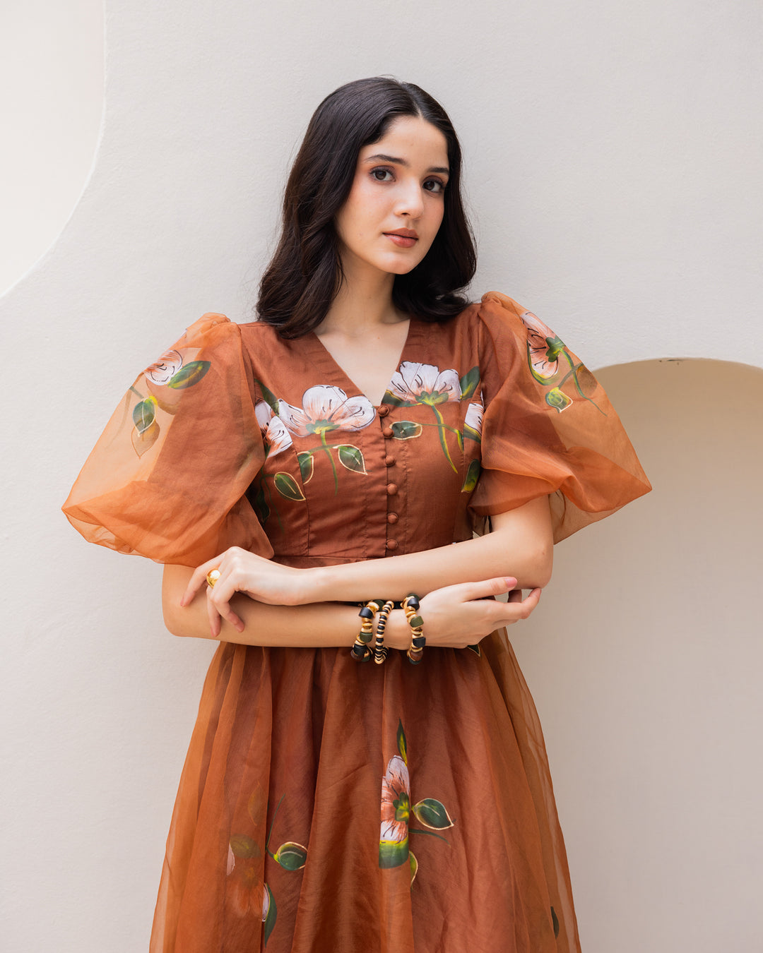 Brown Organza Floral Dress