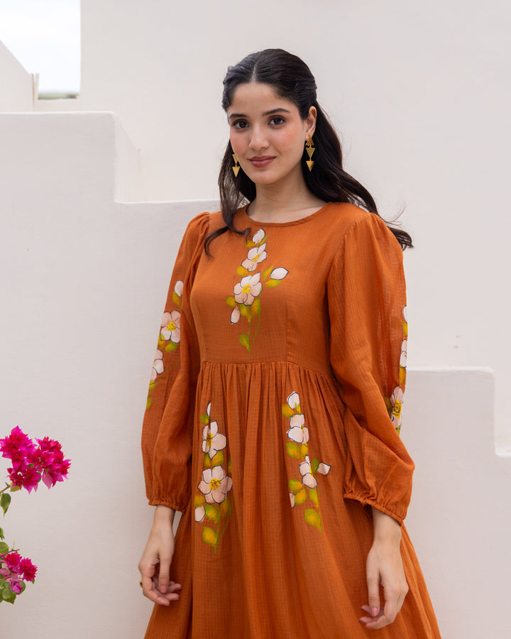 Brown Floral Handpaint Kota Dress