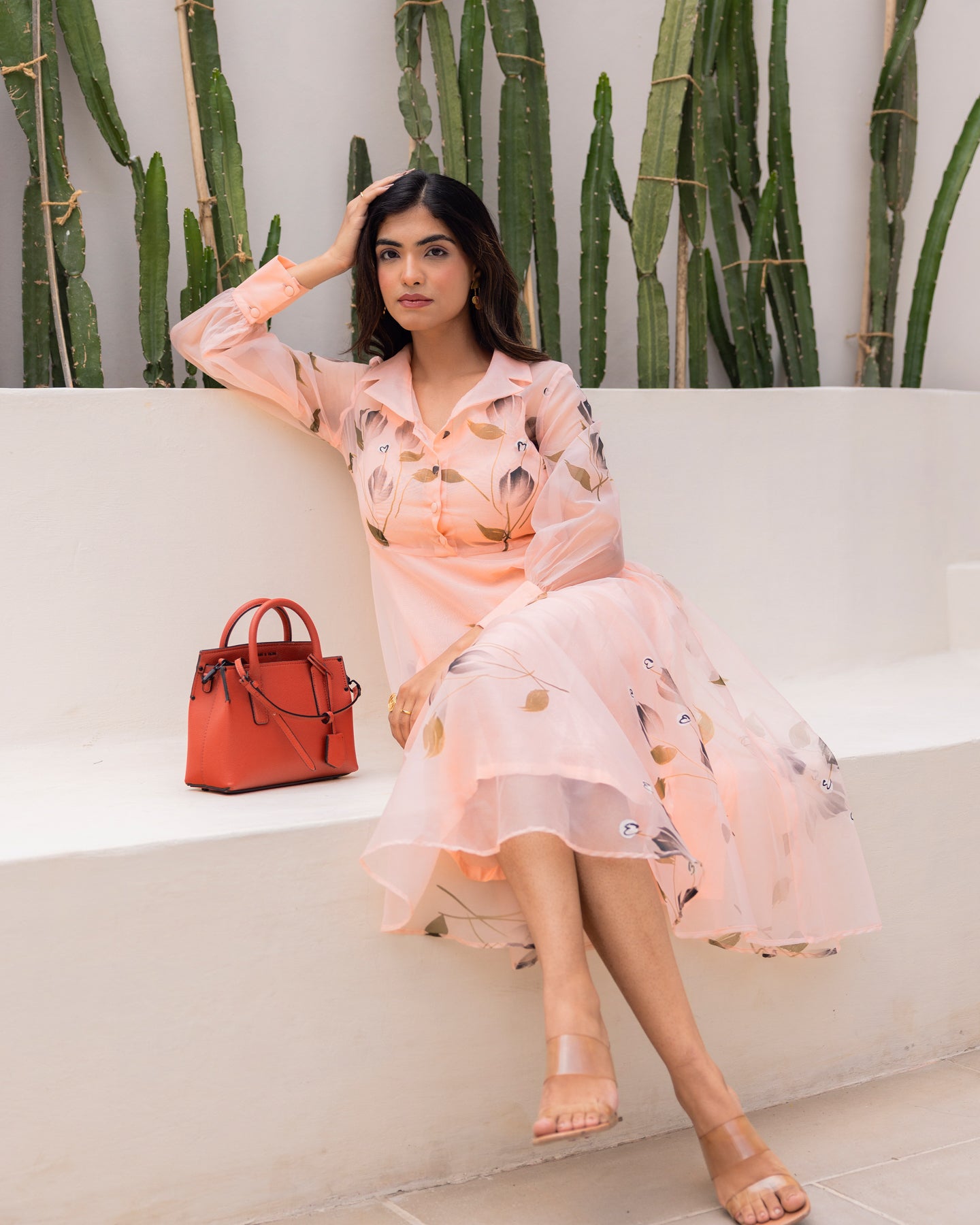 Peach Organza Floral Dress