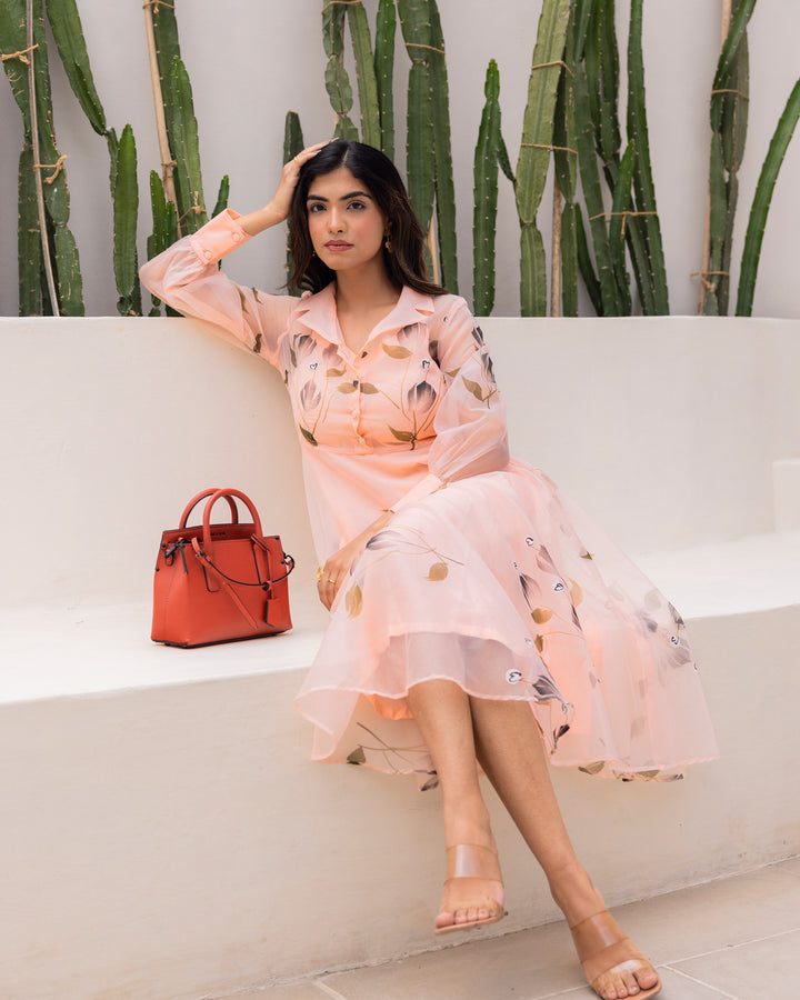 Peach Organza Floral Dress