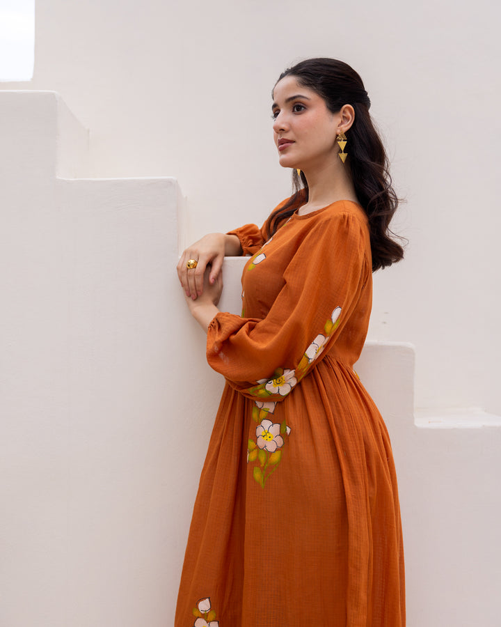 Brown Floral Handpaint Kota Dress