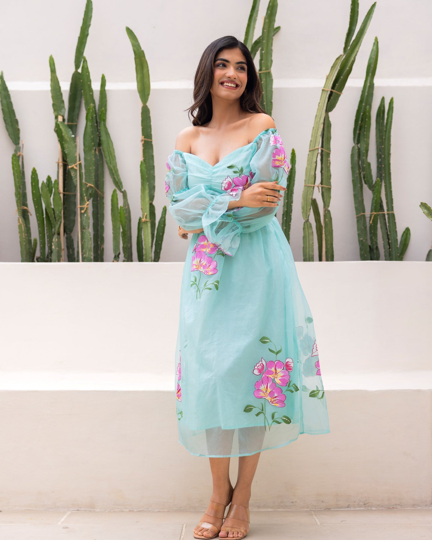 Sky Blue Organza Floral Dress