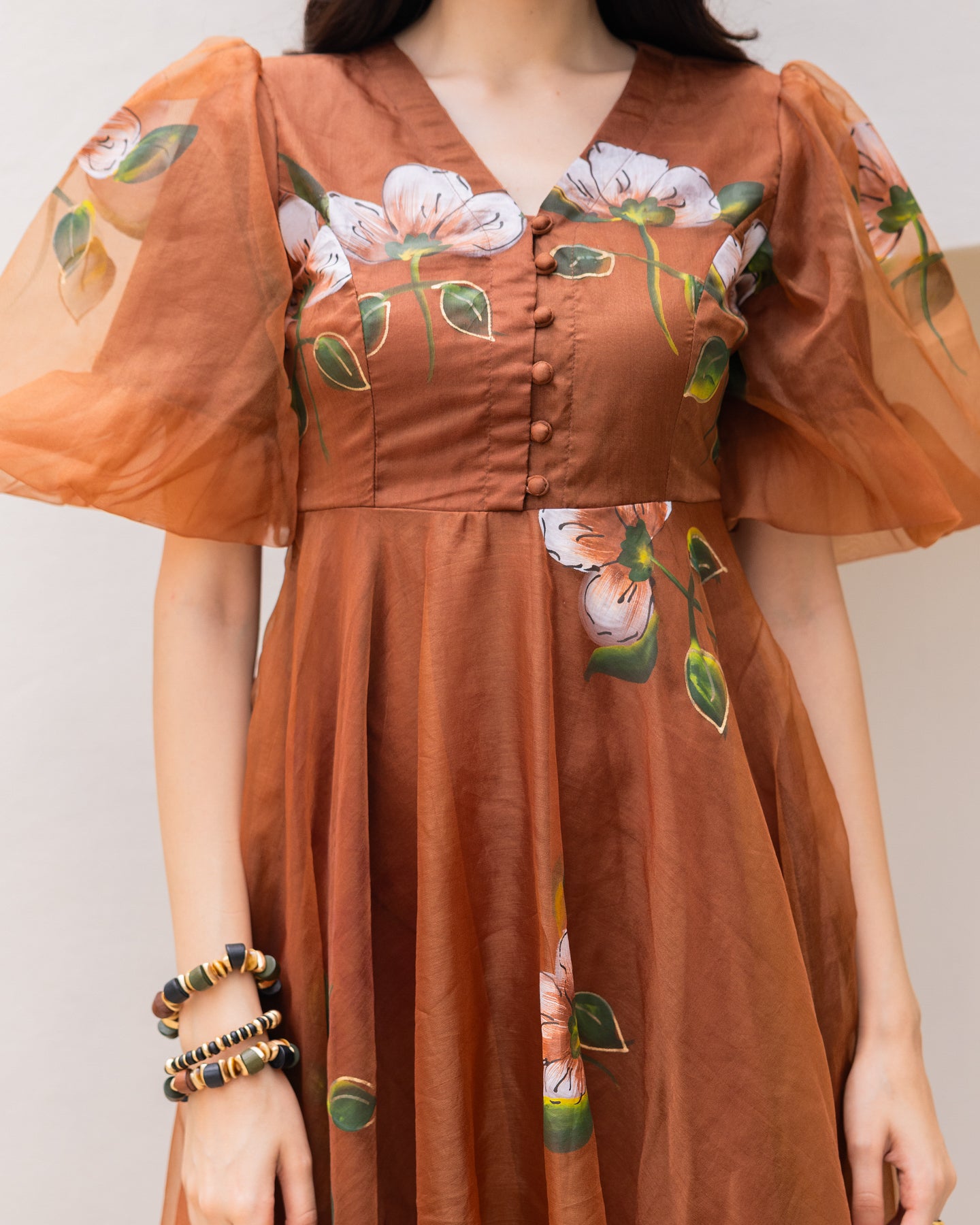 Ambraee Brown Organza Floral Midi Dress for Women | Puff Sleeve Structured Bodice Flared Dress | Festive Mehendi Dress Ambraee Brown Organza Floral Midi Dress for Women | Puff Sleeve Structured Bodice Flared Dress | Festive Mehendi Dress
