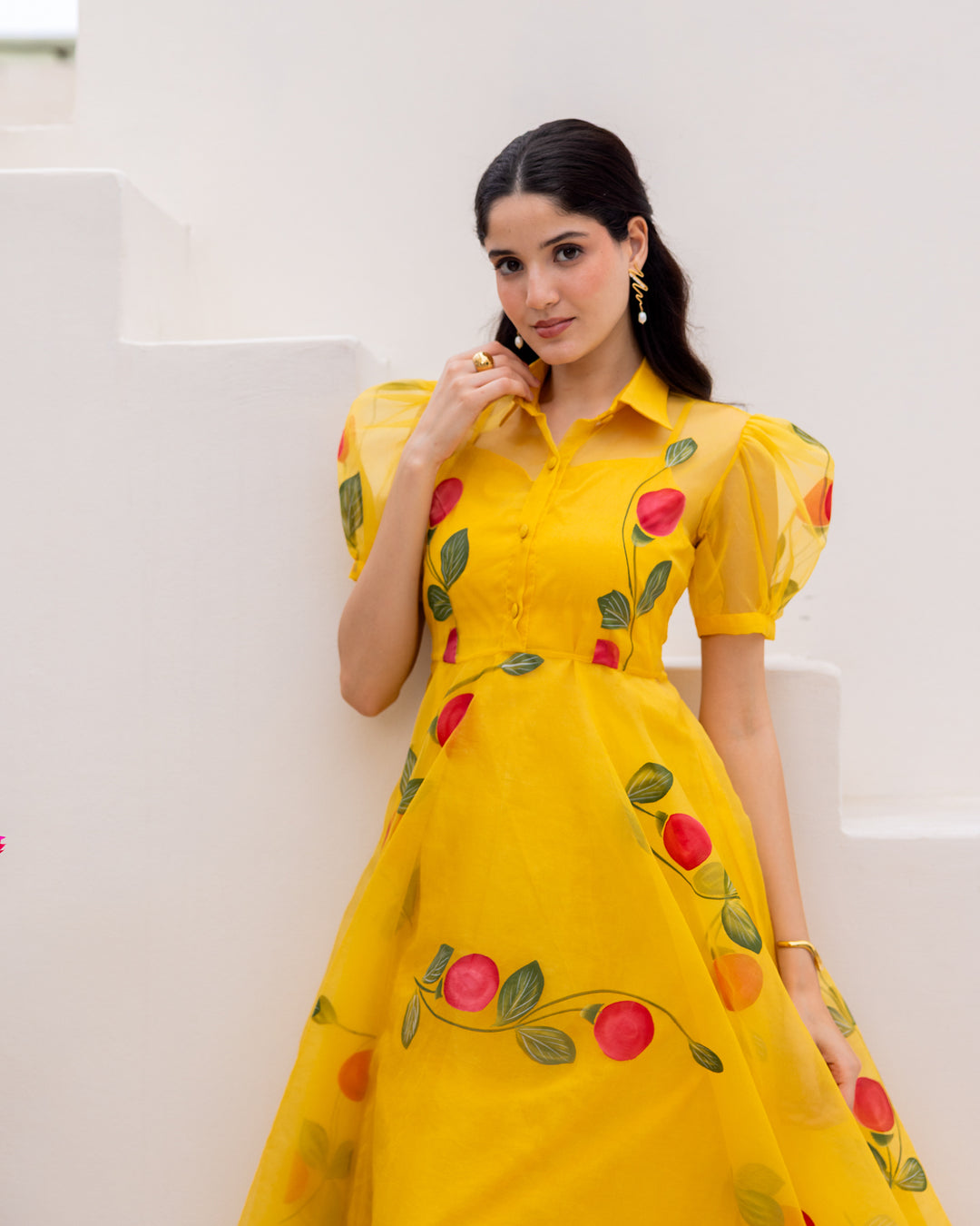 Mustard Organza Floral Dress