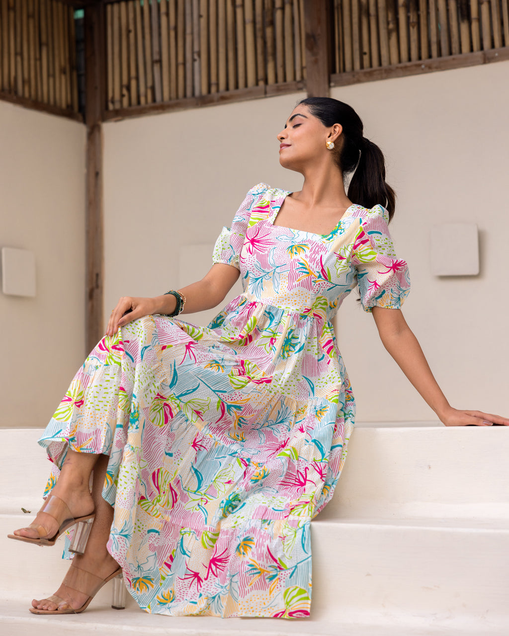Multi Floral White Tiered Dress