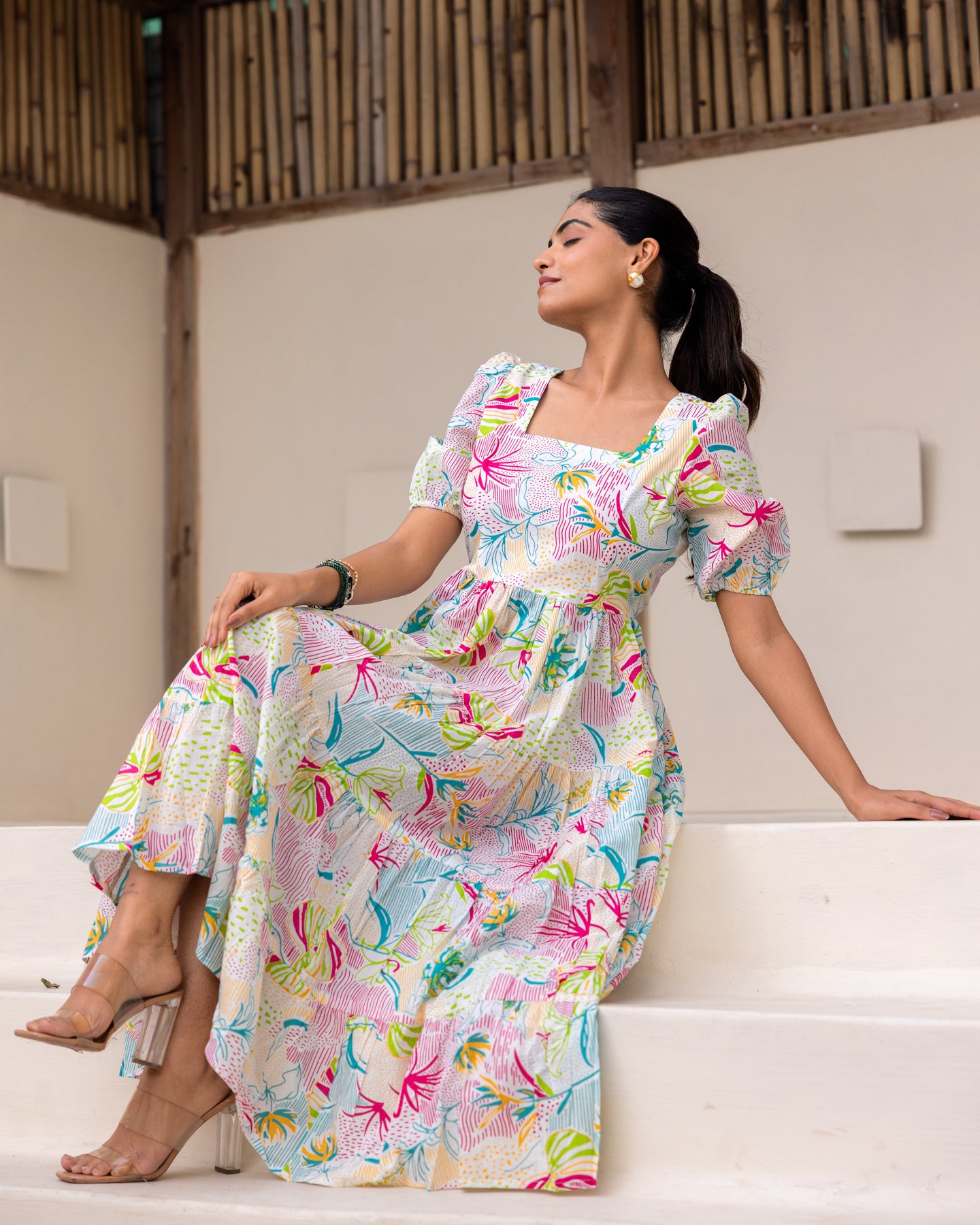 Multi Floral White Tiered Dress