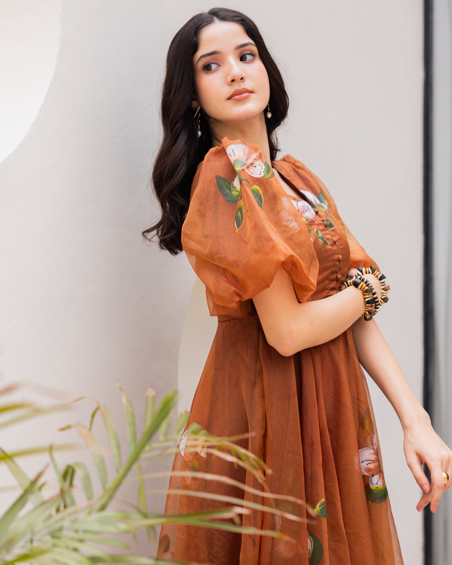 Ambraee Brown Organza Floral Midi Dress for Women | Puff Sleeve Structured Bodice Flared Dress | Festive Mehendi Dress Ambraee Brown Organza Floral Midi Dress for Women | Puff Sleeve Structured Bodice Flared Dress | Festive Mehendi Dress