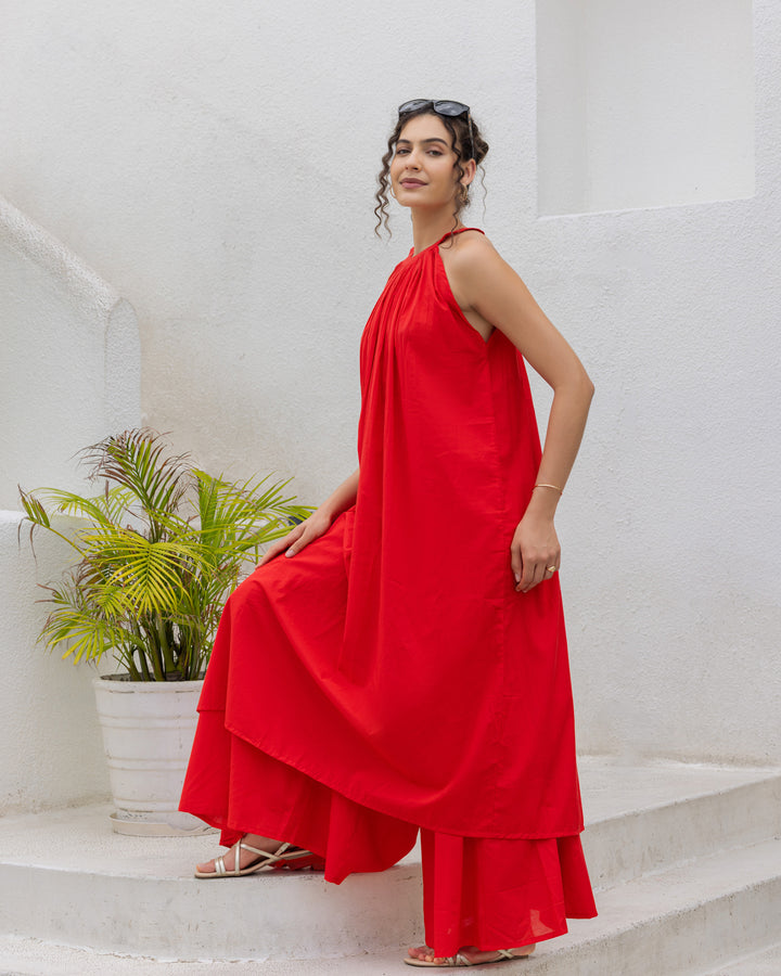 Red Halter Neck Kurta Set