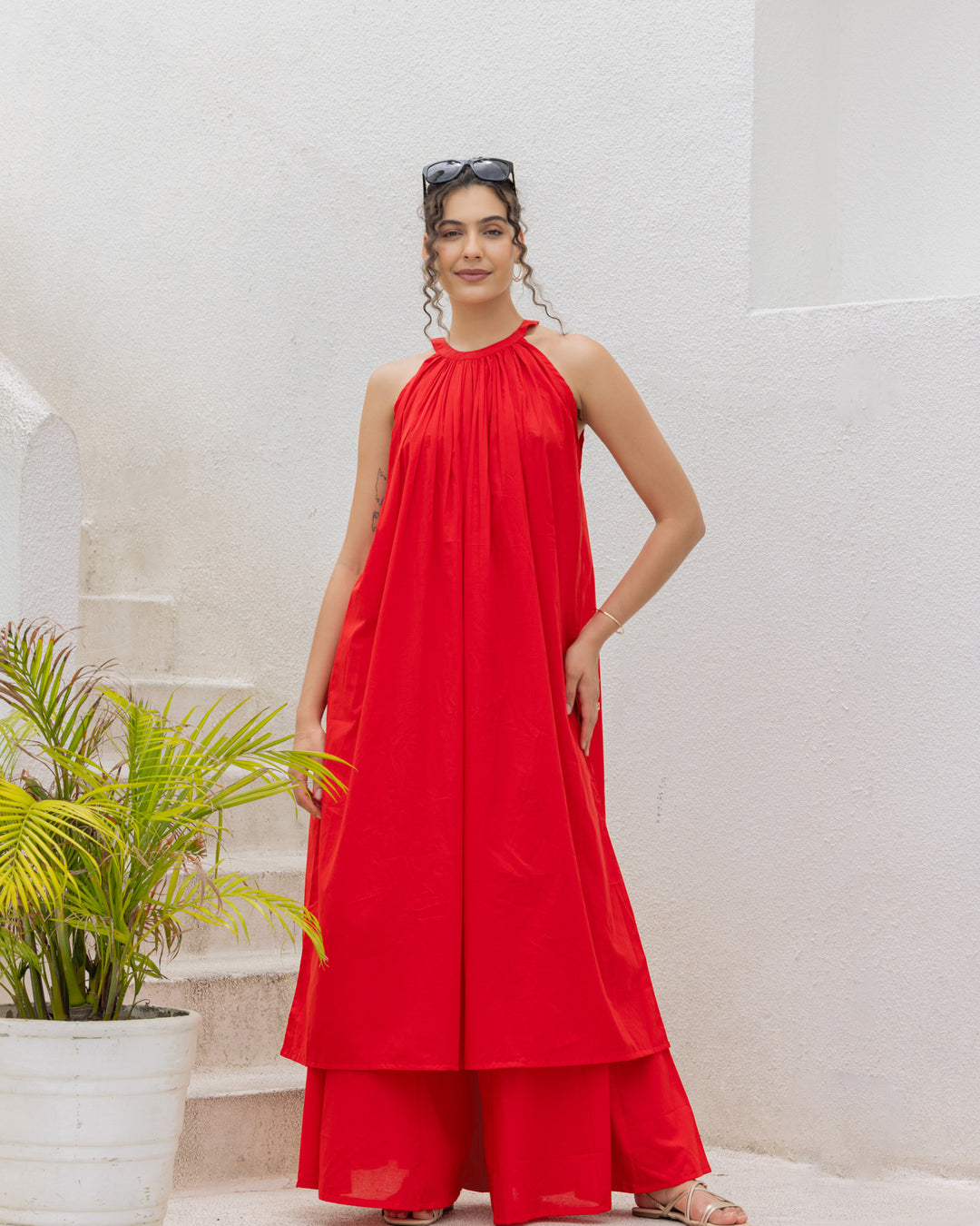 Red Halter Neck Kurta Set