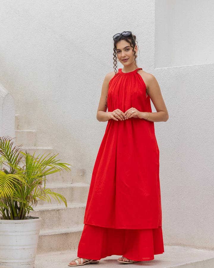 Red Halter Neck Kurta Set