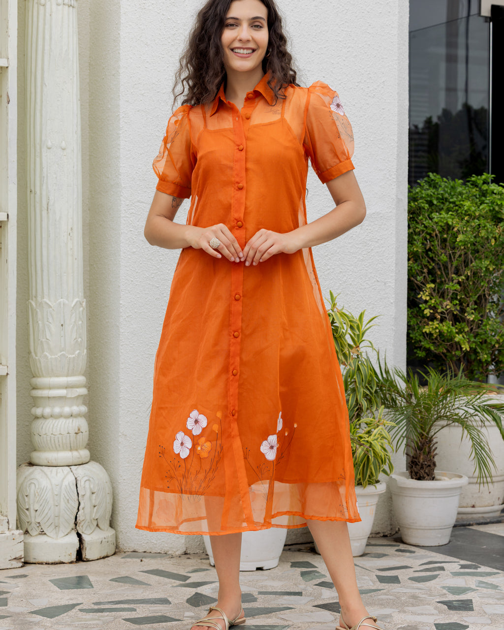 Brown Organza Shirt Dress
