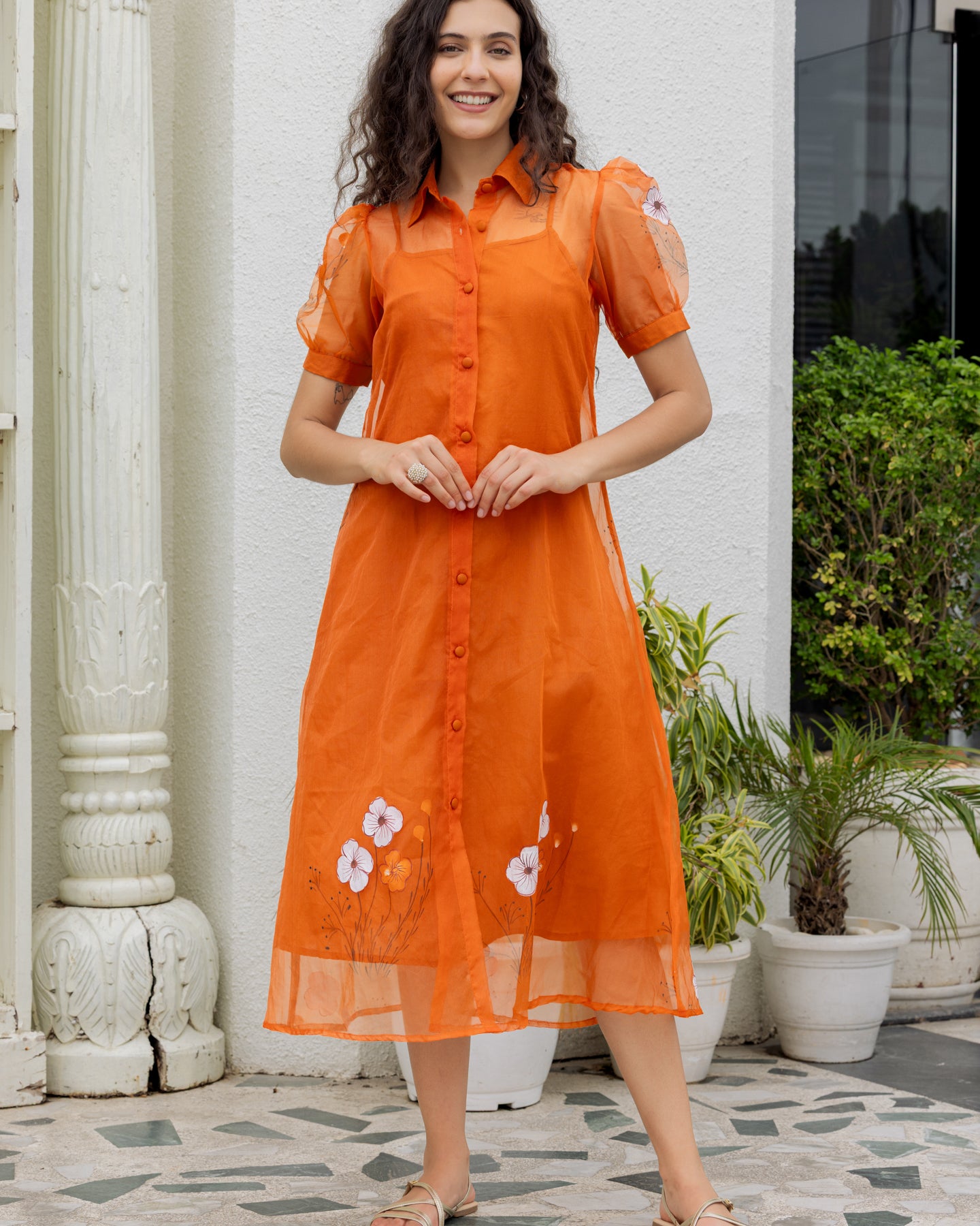 Brown Organza Shirt Dress