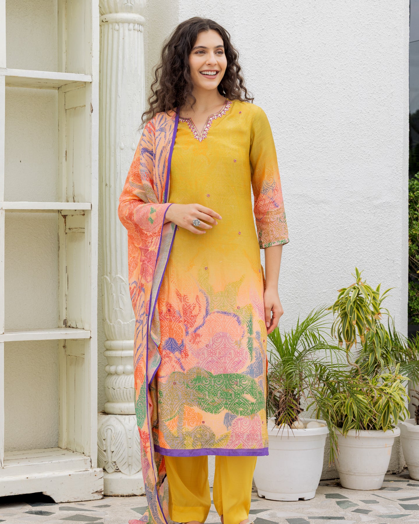 Mustard Silk Printed Suit Set