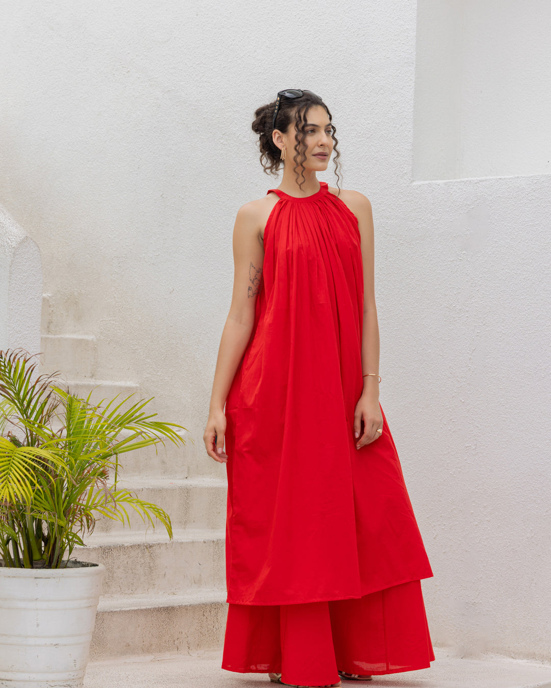 Red Halter Neck Kurta Set
