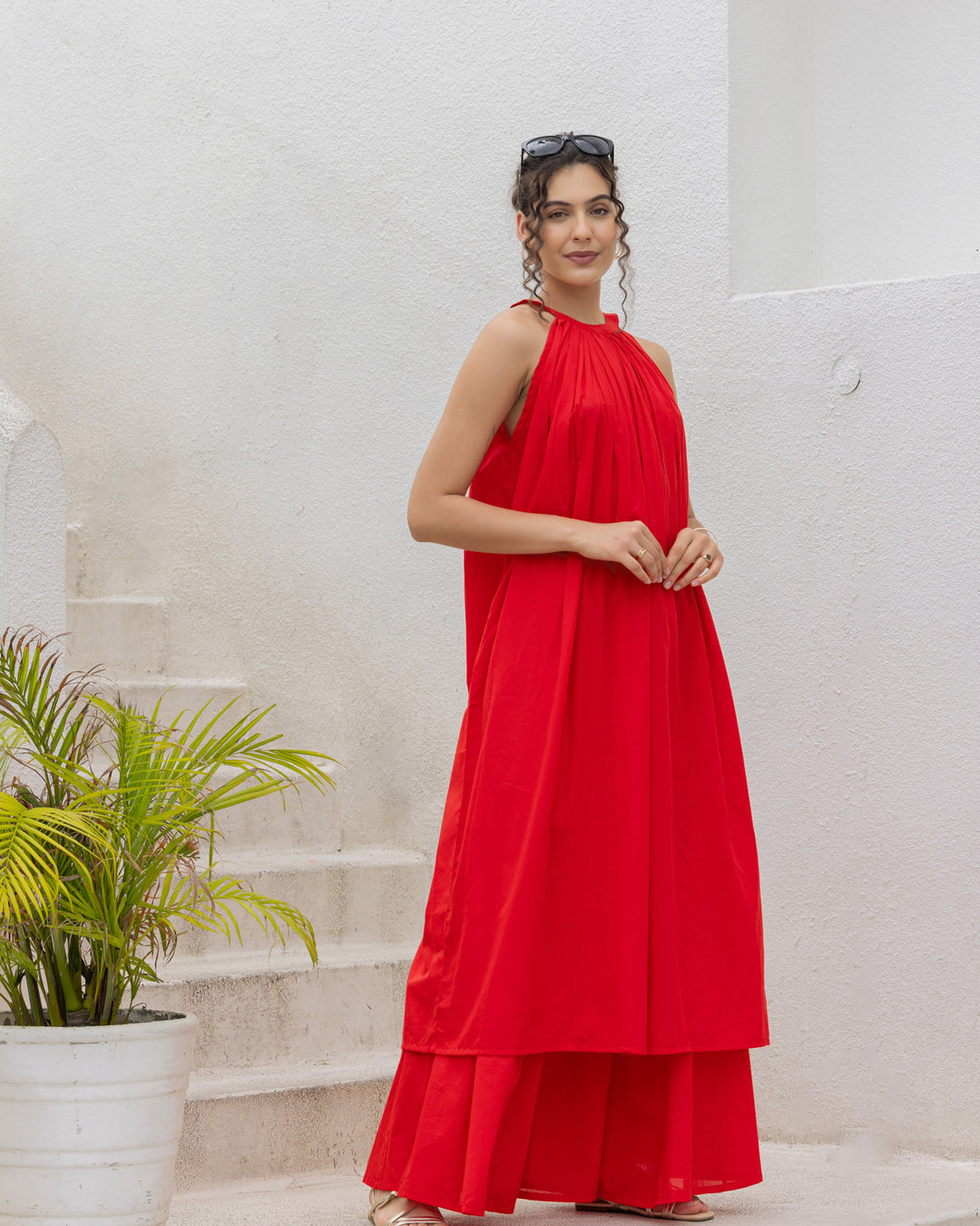 Red Halter Neck Kurta Set