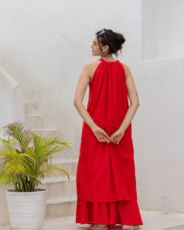 Red Halter Neck Kurta Set