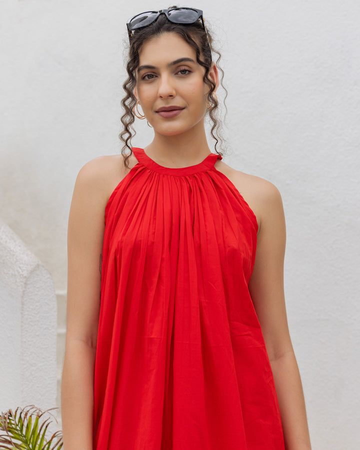 Red Halter Neck Kurta Set