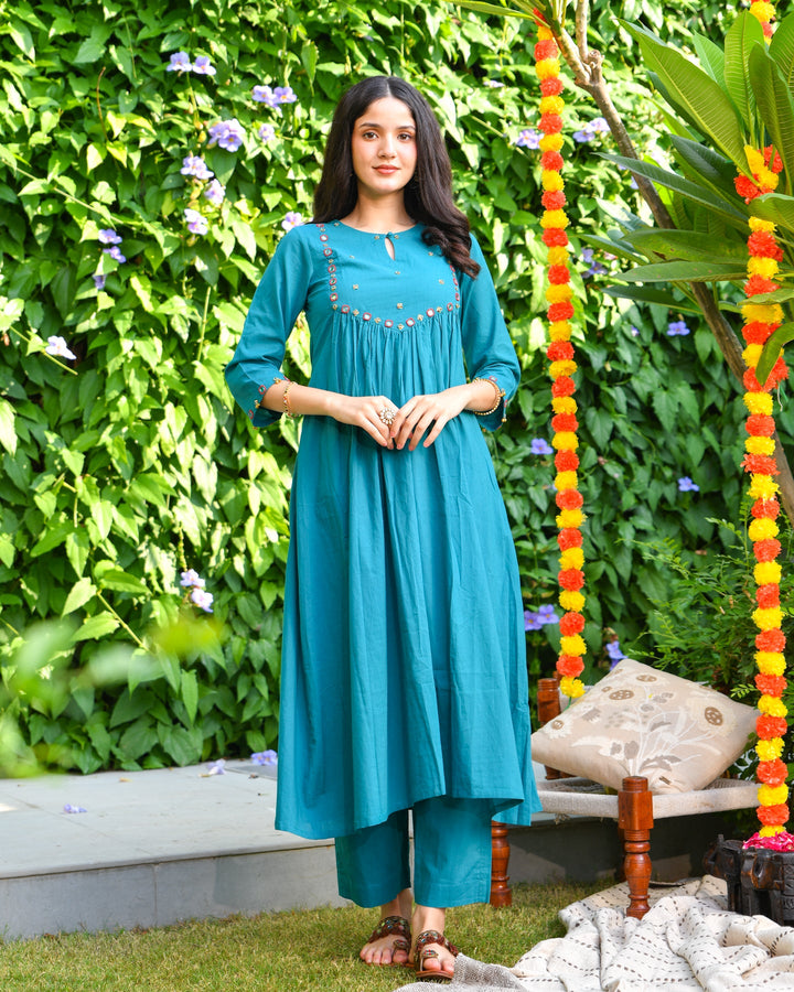 Sea Green Mirror Work Kurta Set